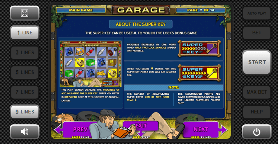 Pantalla de instrucciones del juego de tragaperras Garage en la que se detalla la función Super Key, que se puede utilizar en el juego de bonificación Locks, con indicadores visuales de progreso y explicación de la mecánica de la función.