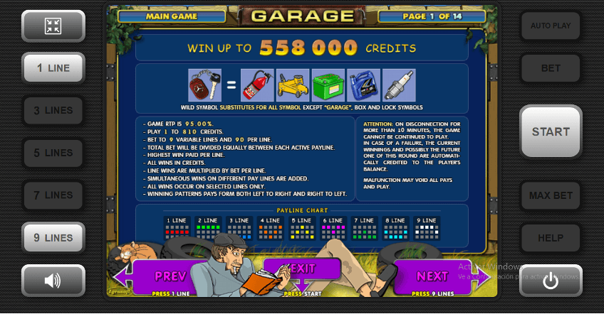 Pantalla de información del juego de tragaperras Garage en la que se explican las reglas principales del juego, la estructura de pagos y la tabla de líneas de pago, junto con botones para navegar entre las páginas.
