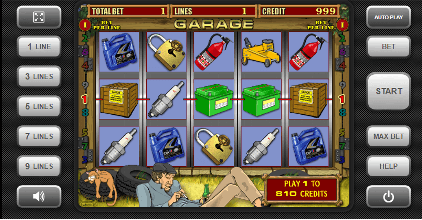 La interfaz del juego de tragaperras Garage muestra cinco rodillos con varios símbolos relacionados con los coches, como cerraduras, baterías y aceite de motor, con botones de apuesta y selección de línea a los lados.